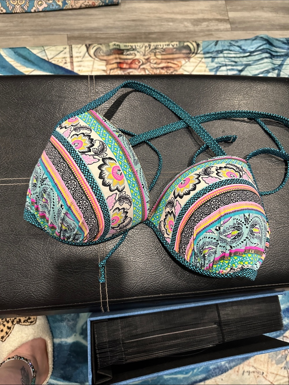 Shade & Shore Multicolor Floral Striped Push-Up Bikini Top - Teal, Pink, Yellow